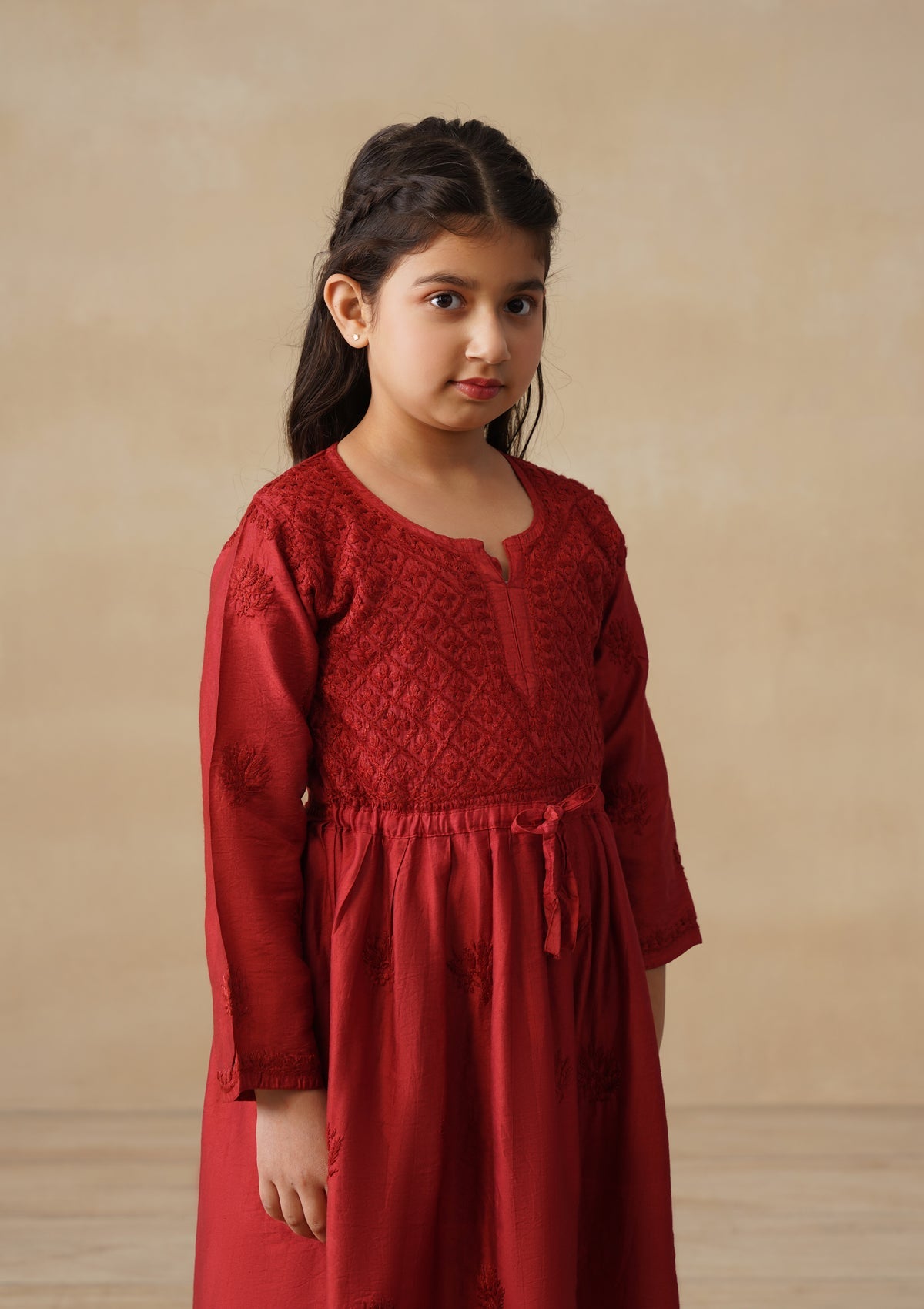 HOC Chanderi Chikankari Solid Girls 3 PC Long Kurta Set - Rust