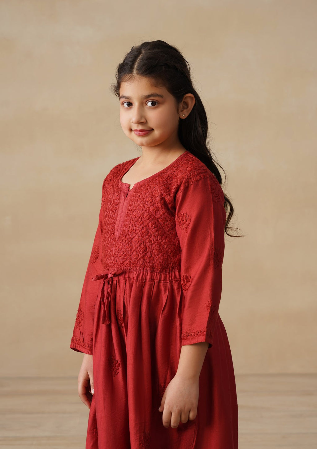 HOC Chanderi Chikankari Solid Girls 3 PC Long Kurta Set - Rust