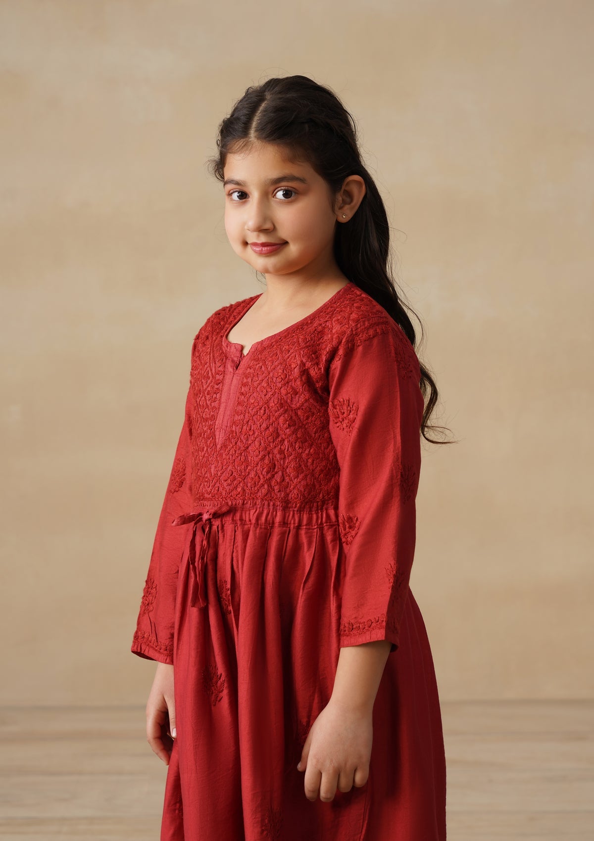 HOC Chanderi Chikankari Solid Girls 3 PC Long Kurta Set - Rust