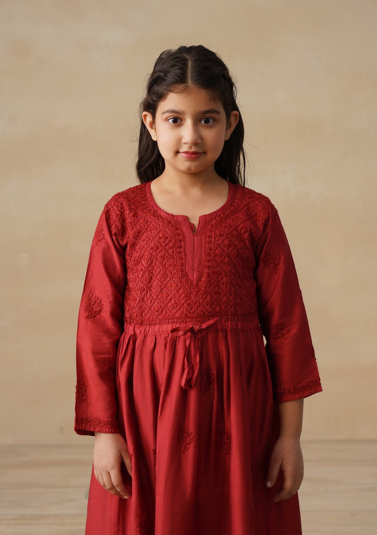 HOC Chanderi Chikankari Solid Girls 3 PC Long Kurta Set - Rust