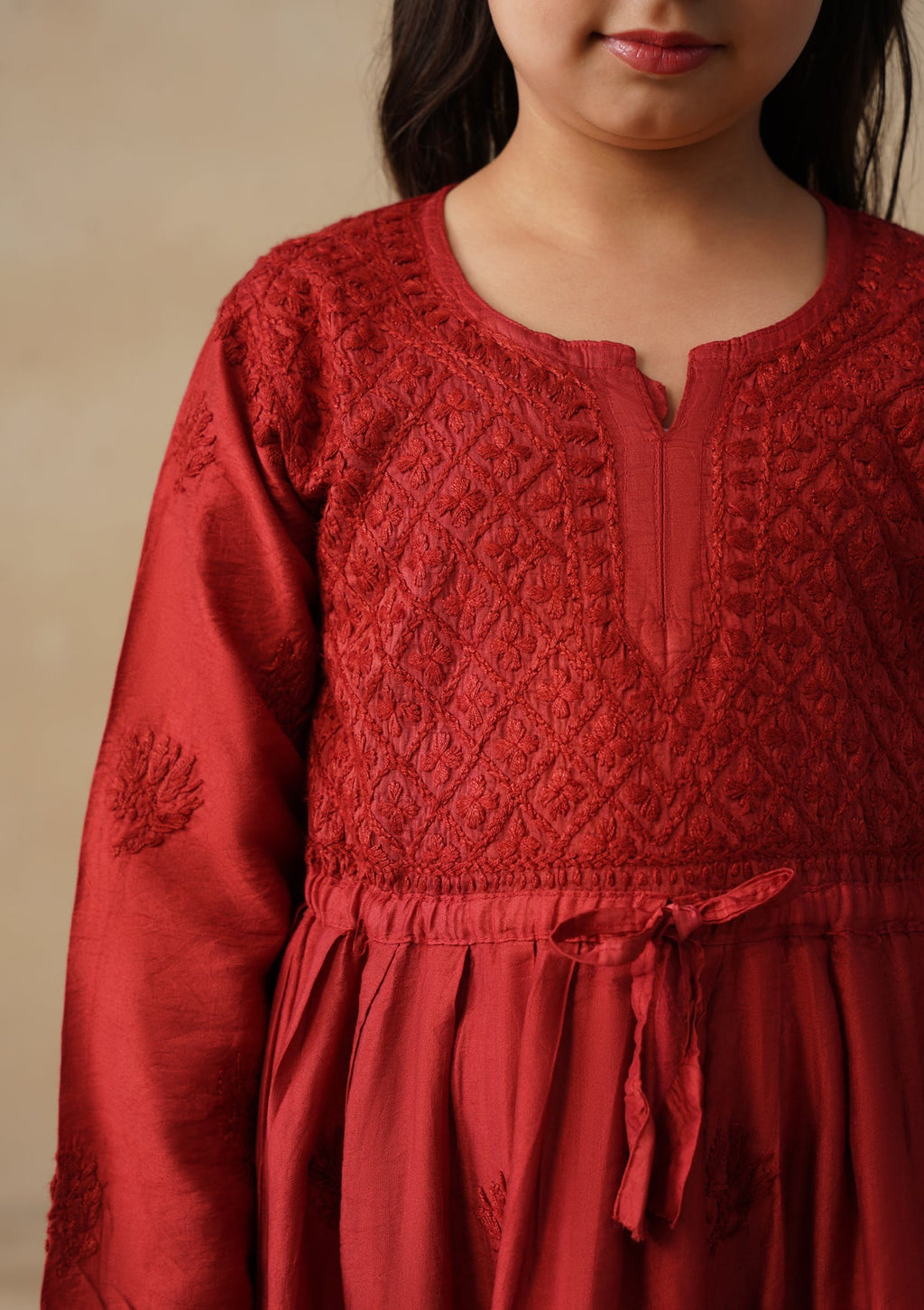 HOC Chanderi Chikankari Solid Girls 3 PC Long Kurta Set - Rust