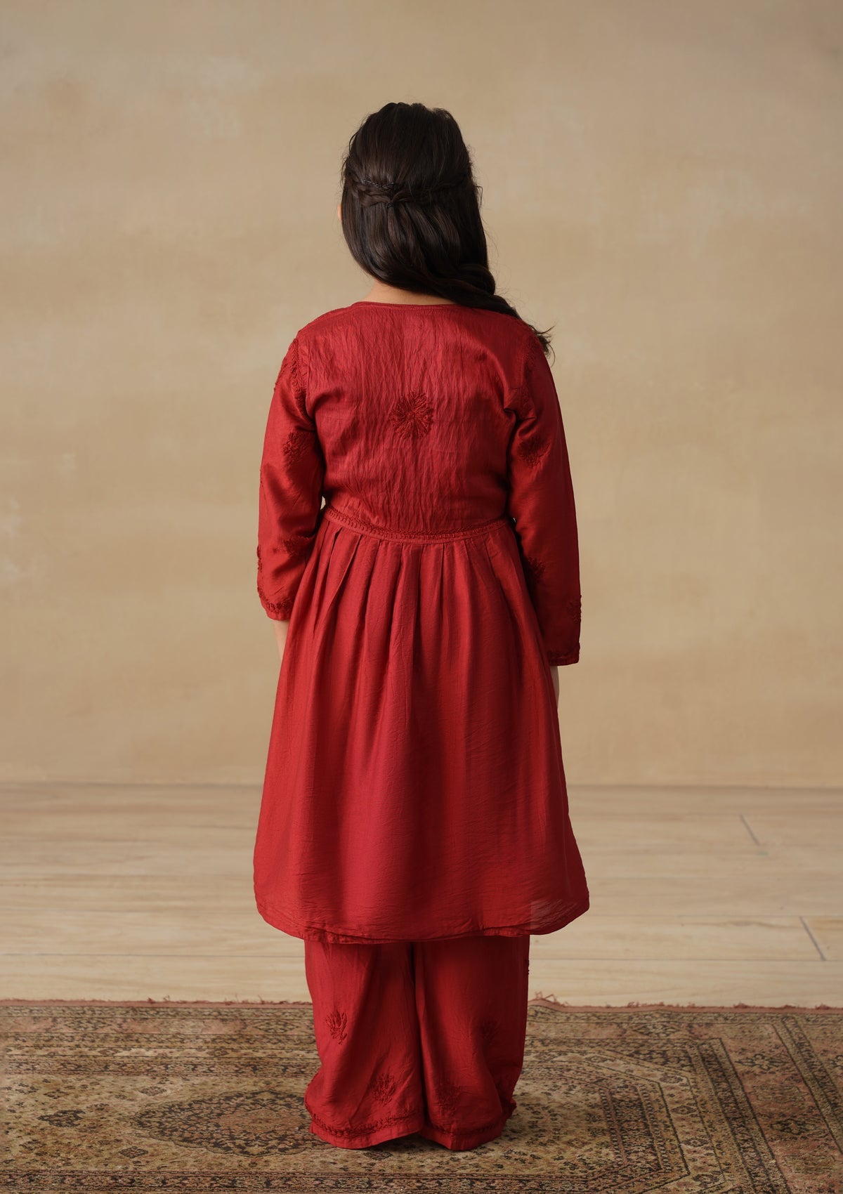 HOC Chanderi Chikankari Solid Girls 3 PC Long Kurta Set - Rust