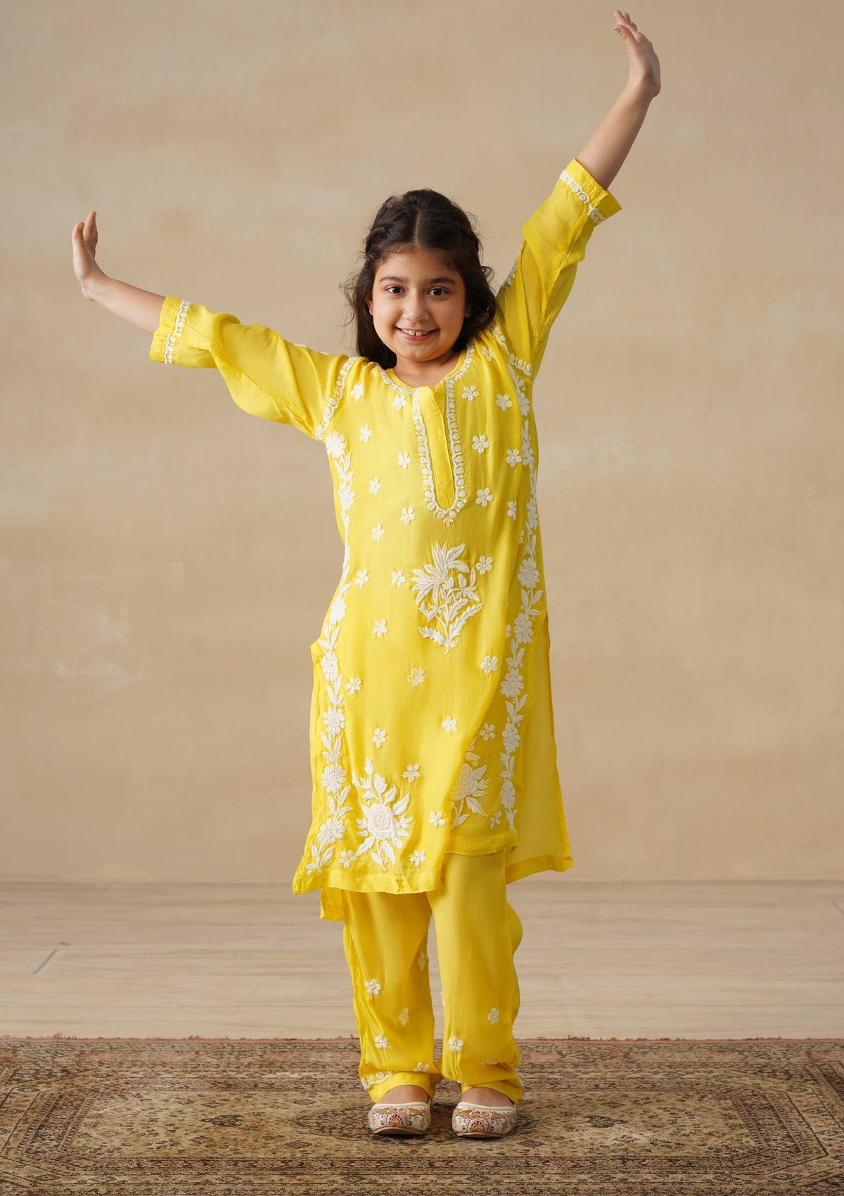 HOC Muslin Chikankari Solid Girls 2 PC Long Kurta Set - Yellow