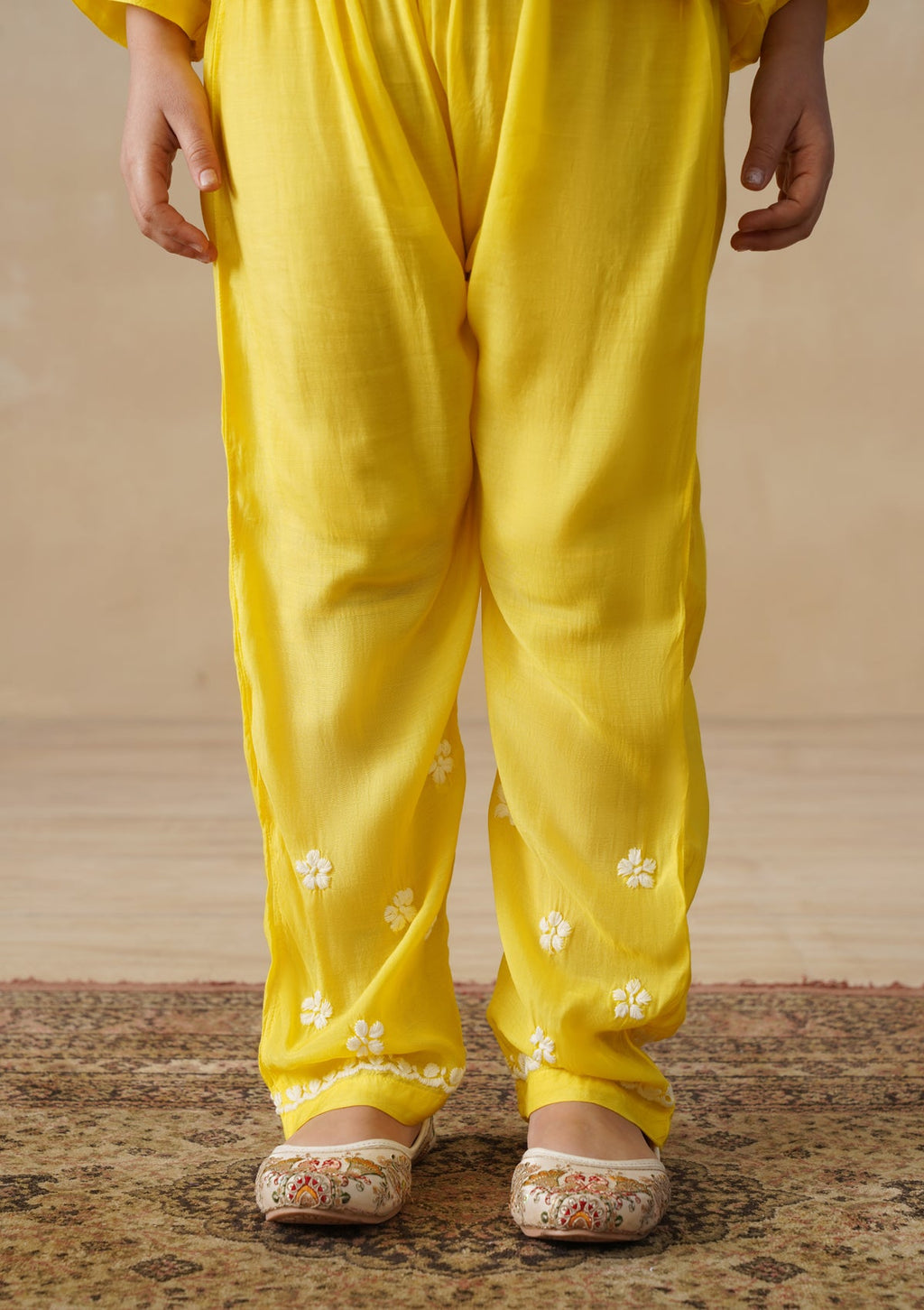 HOC Muslin Chikankari Solid Girls 2 PC Long Kurta Set - Yellow