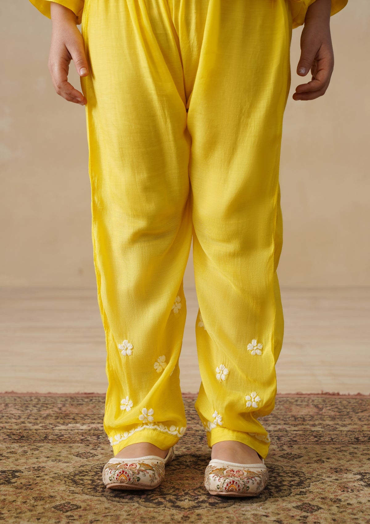 HOC Muslin Chikankari Solid Girls 2 PC Long Kurta Set - Yellow