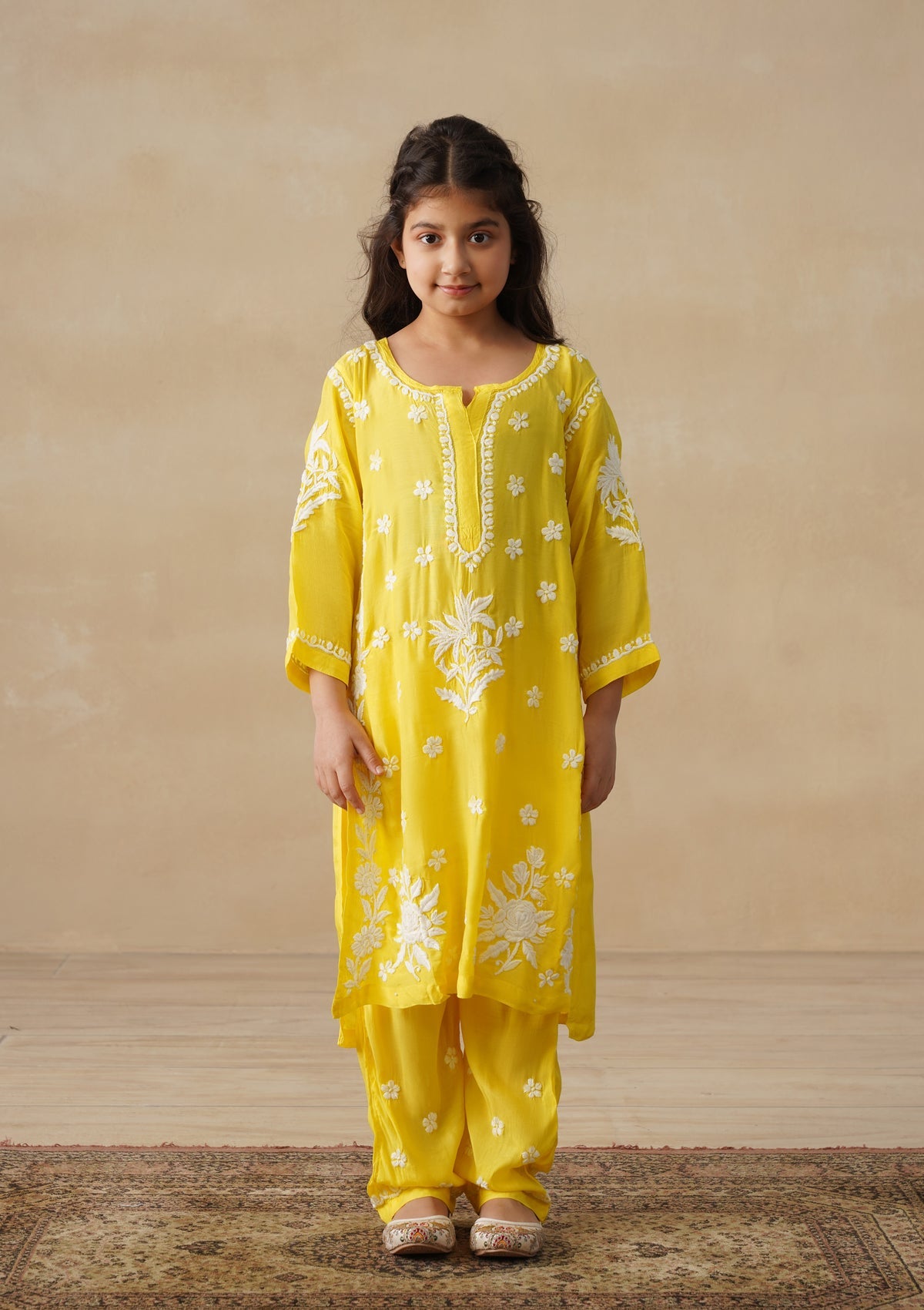 HOC Muslin Chikankari Solid Girls 2 PC Long Kurta Set - Yellow