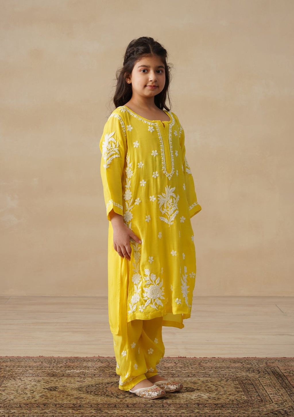 HOC Muslin Chikankari Solid Girls 2 PC Long Kurta Set - Yellow