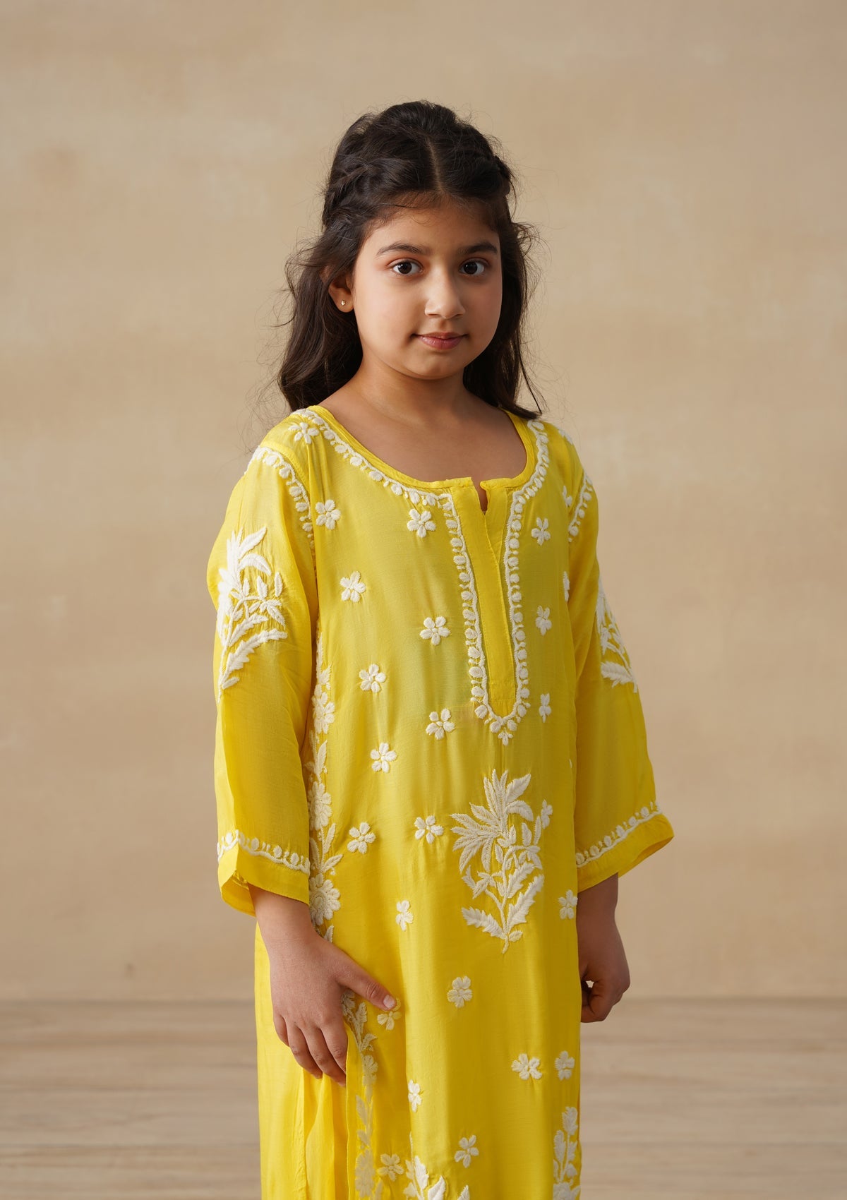 HOC Muslin Chikankari Solid Girls 2 PC Long Kurta Set - Yellow