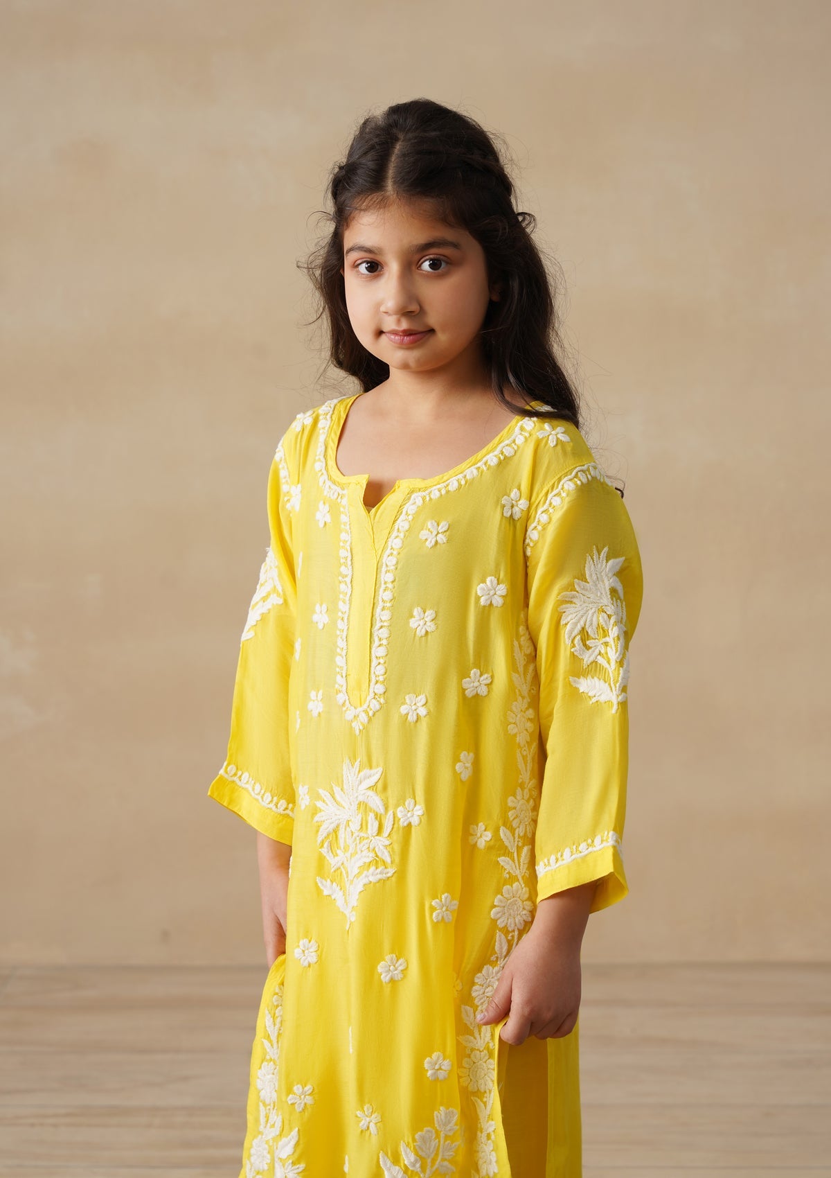 HOC Muslin Chikankari Solid Girls 2 PC Long Kurta Set - Yellow