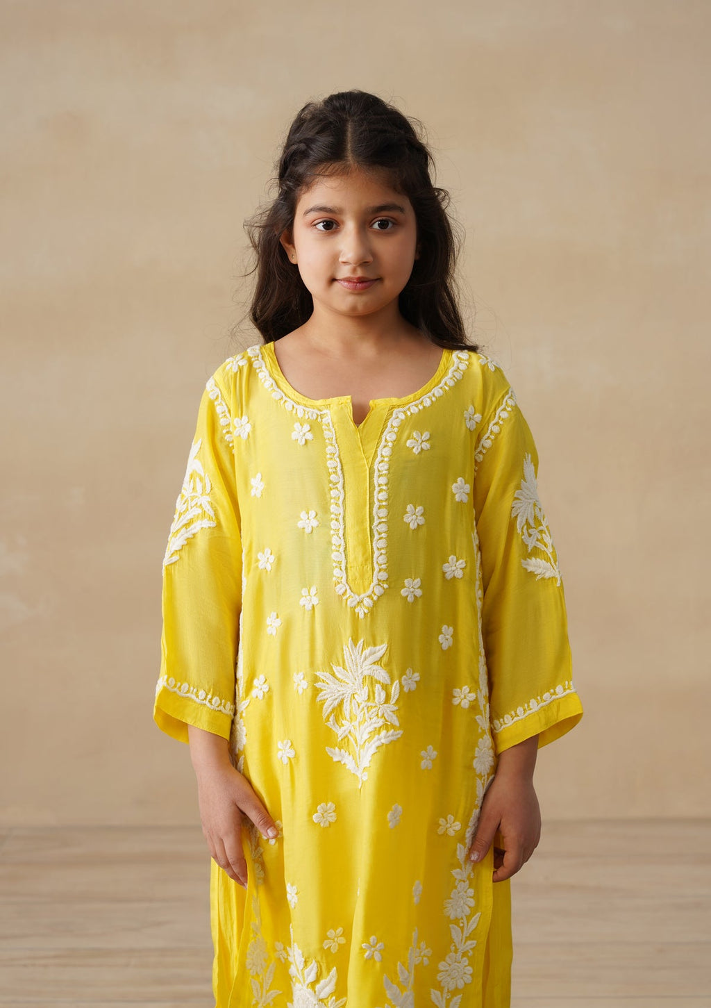 HOC Muslin Chikankari Solid Girls 2 PC Long Kurta Set - Yellow