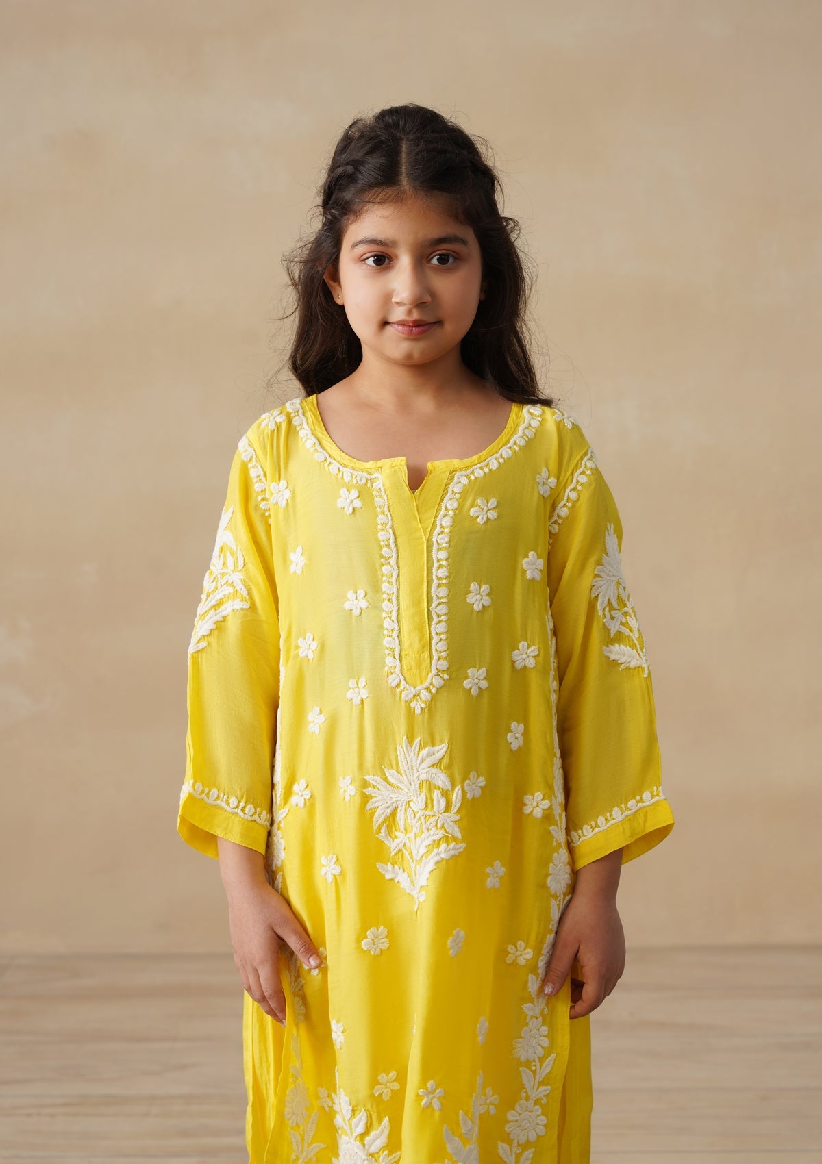 HOC Muslin Chikankari Solid Girls 2 PC Long Kurta Set - Yellow