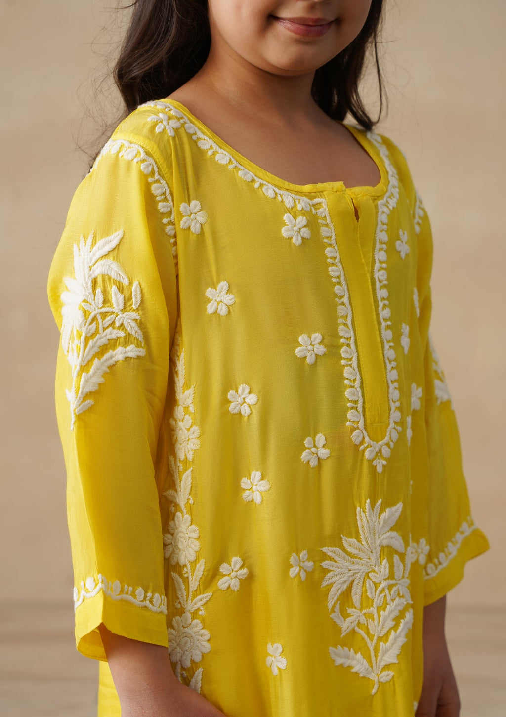 HOC Muslin Chikankari Solid Girls 2 PC Long Kurta Set - Yellow