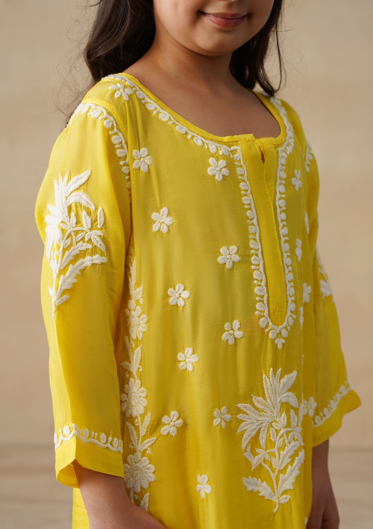 HOC Muslin Chikankari Solid Girls 2 PC Long Kurta Set - Yellow