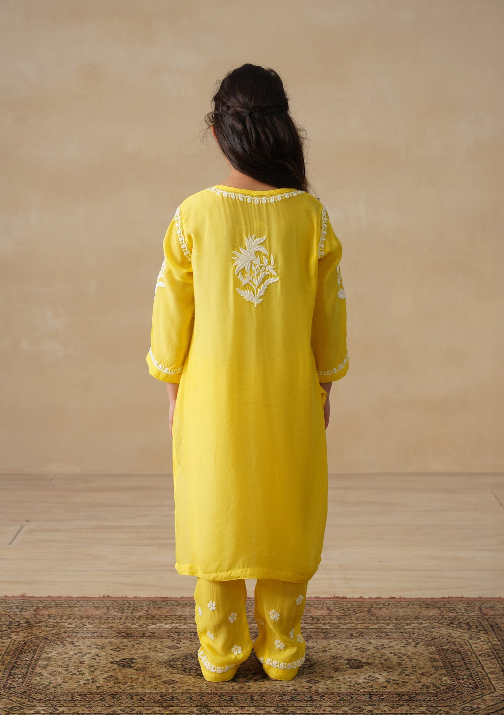HOC Muslin Chikankari Solid Girls 2 PC Long Kurta Set - Yellow