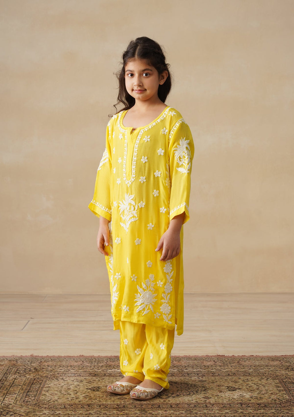 HOC Muslin Chikankari Solid Girls 2 PC Long Kurta Set - Yellow