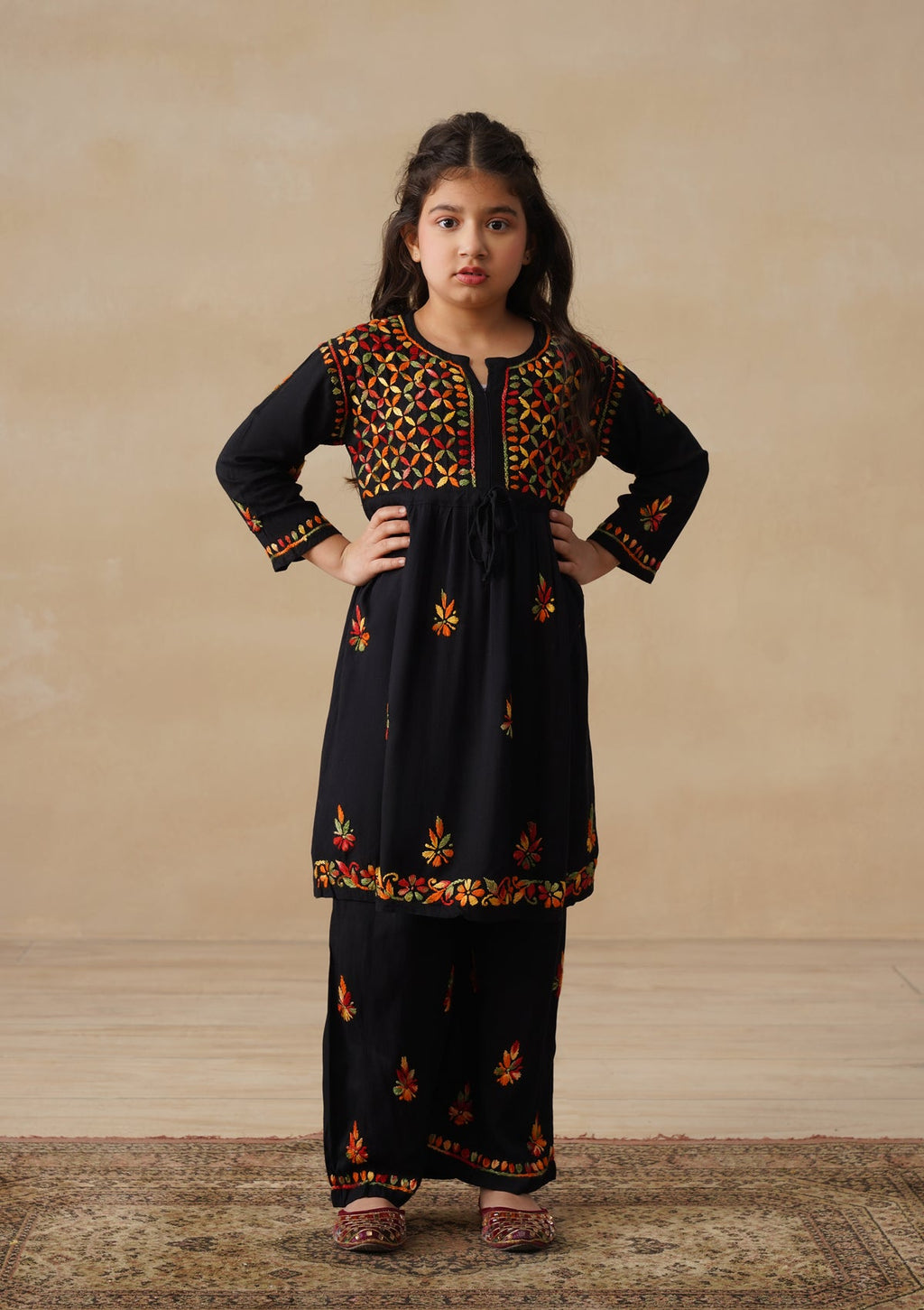 HOC Rayon Chikankari Solid Girls 2 PC Long Kurta Set - Black