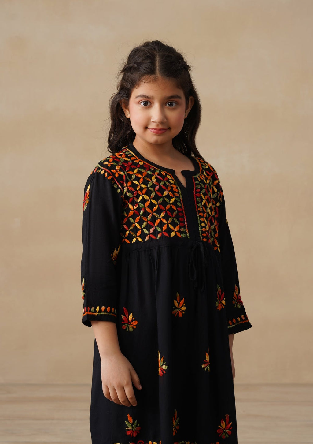 HOC Rayon Chikankari Solid Girls 2 PC Long Kurta Set - Black
