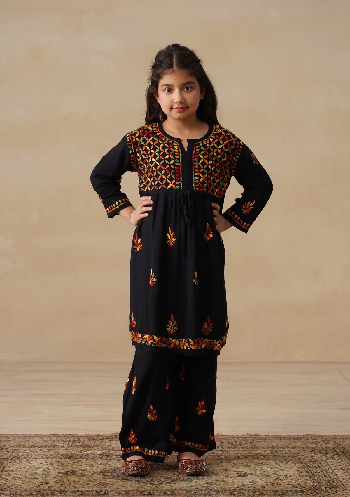 HOC Rayon Chikankari Solid Girls 2 PC Long Kurta Set - Black