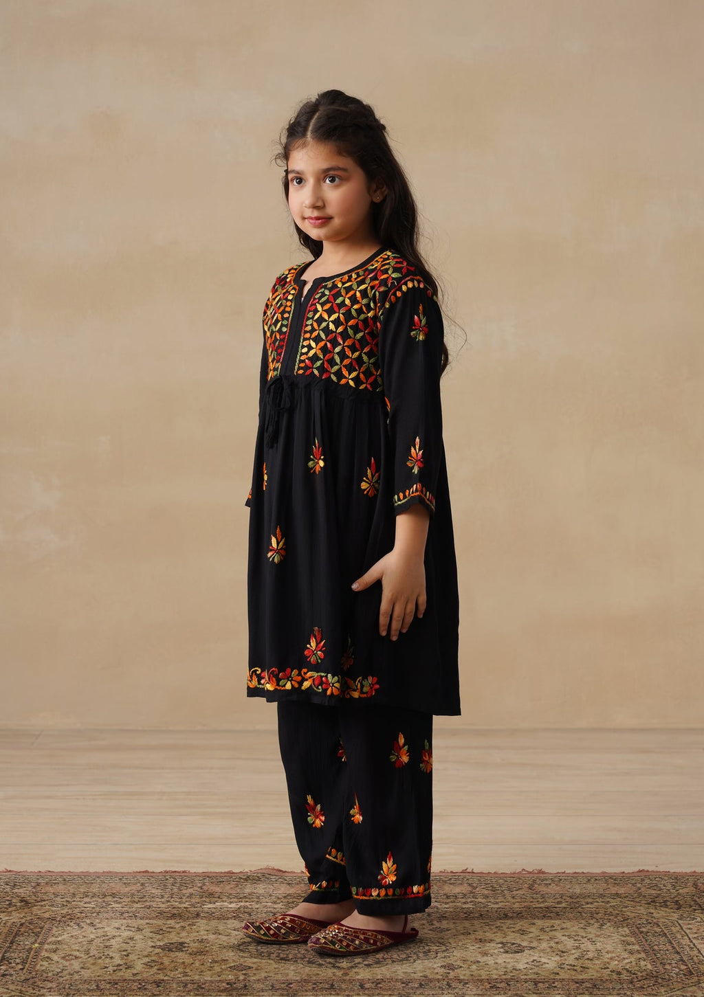 HOC Rayon Chikankari Solid Girls 2 PC Long Kurta Set - Black