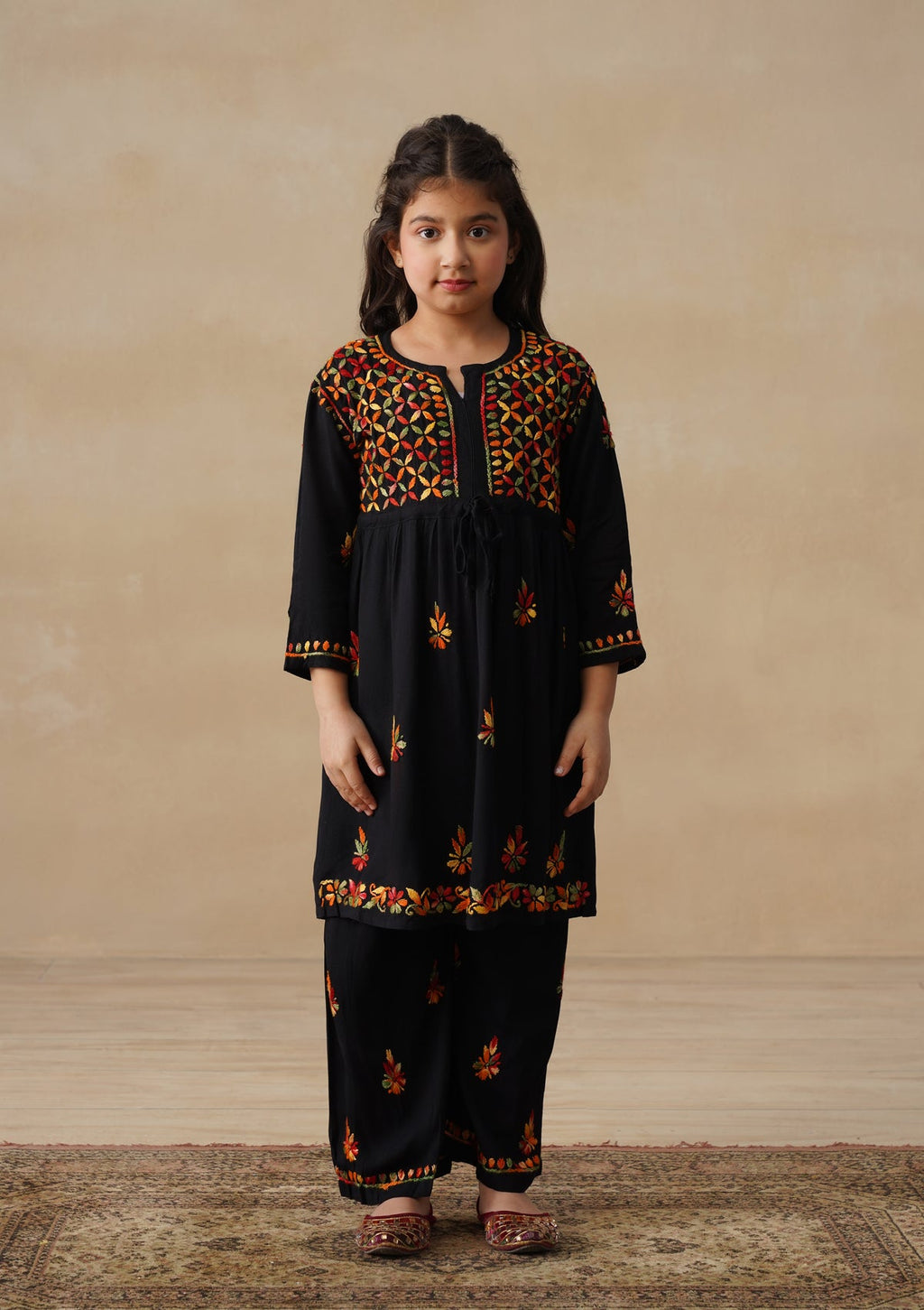 HOC Rayon Chikankari Solid Girls 2 PC Long Kurta Set - Black