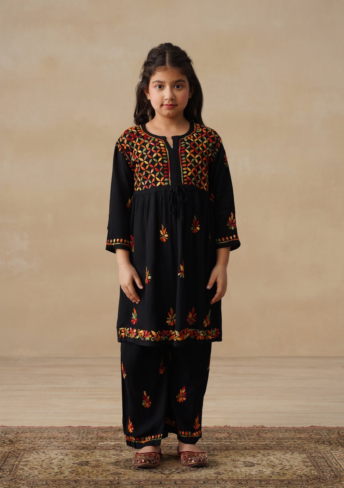 HOC Rayon Chikankari Solid Girls 2 PC Long Kurta Set - Black