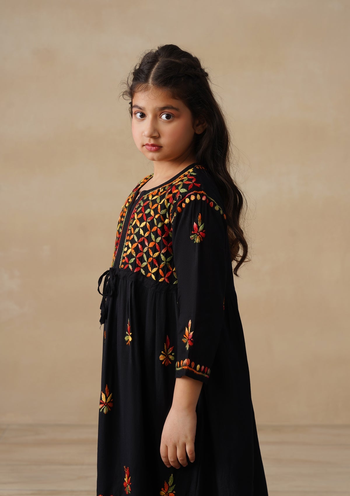 HOC Rayon Chikankari Solid Girls 2 PC Long Kurta Set - Black