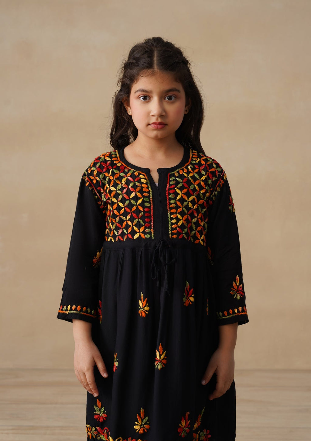 HOC Rayon Chikankari Solid Girls 2 PC Long Kurta Set - Black