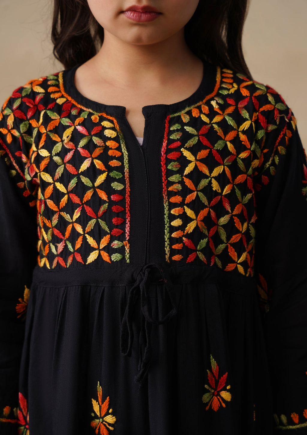HOC Rayon Chikankari Solid Girls 2 PC Long Kurta Set - Black