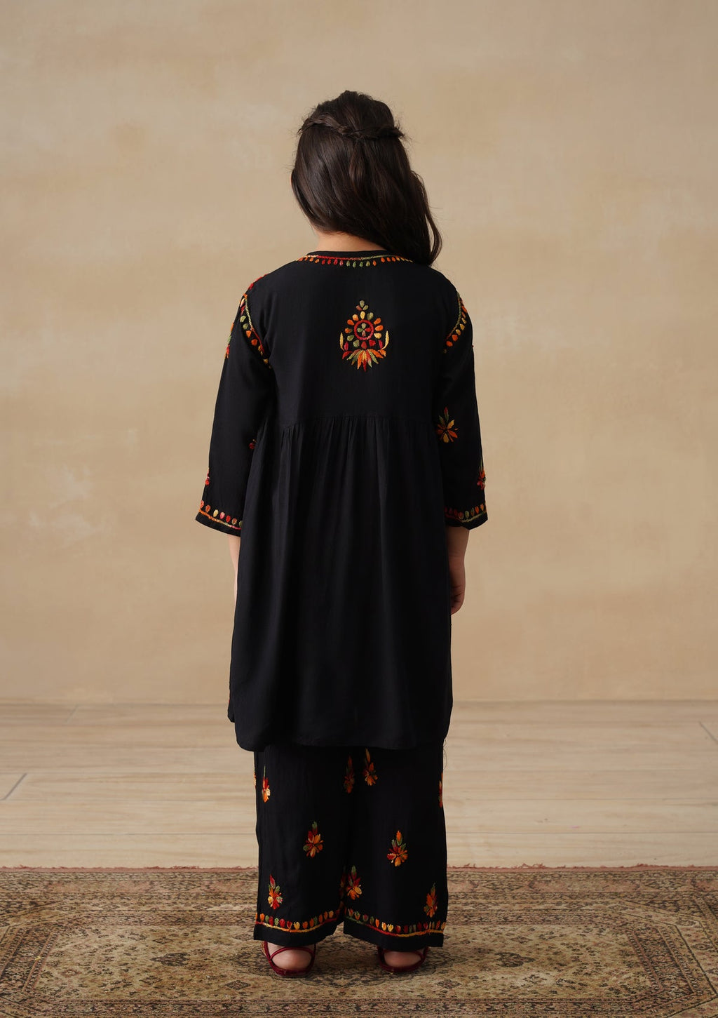 HOC Rayon Chikankari Solid Girls 2 PC Long Kurta Set - Black