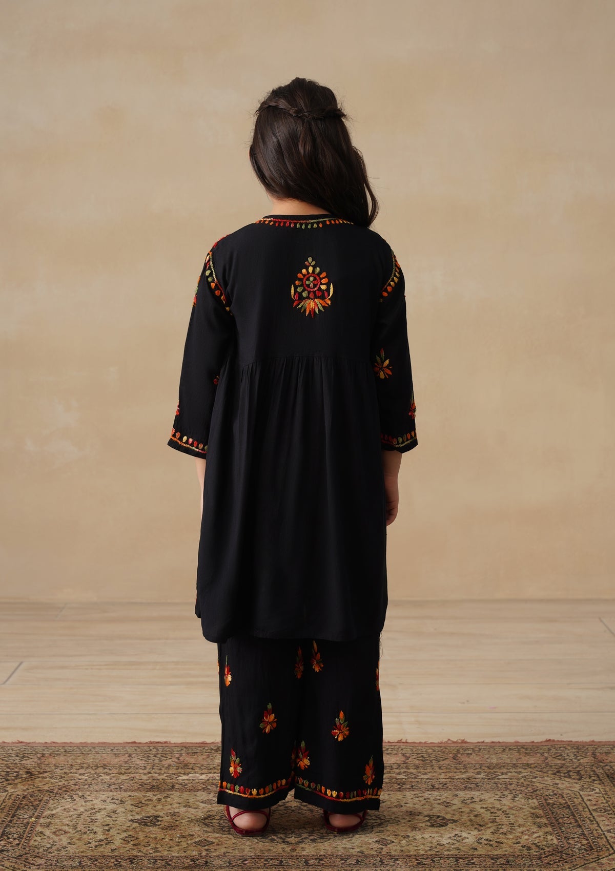 HOC Rayon Chikankari Solid Girls 2 PC Long Kurta Set - Black