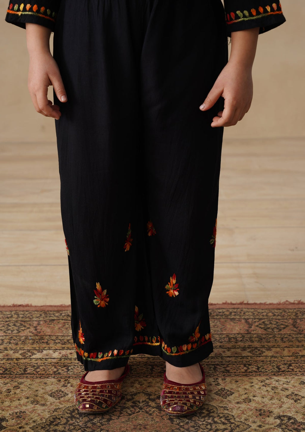 HOC Rayon Chikankari Solid Girls 2 PC Long Kurta Set - Black