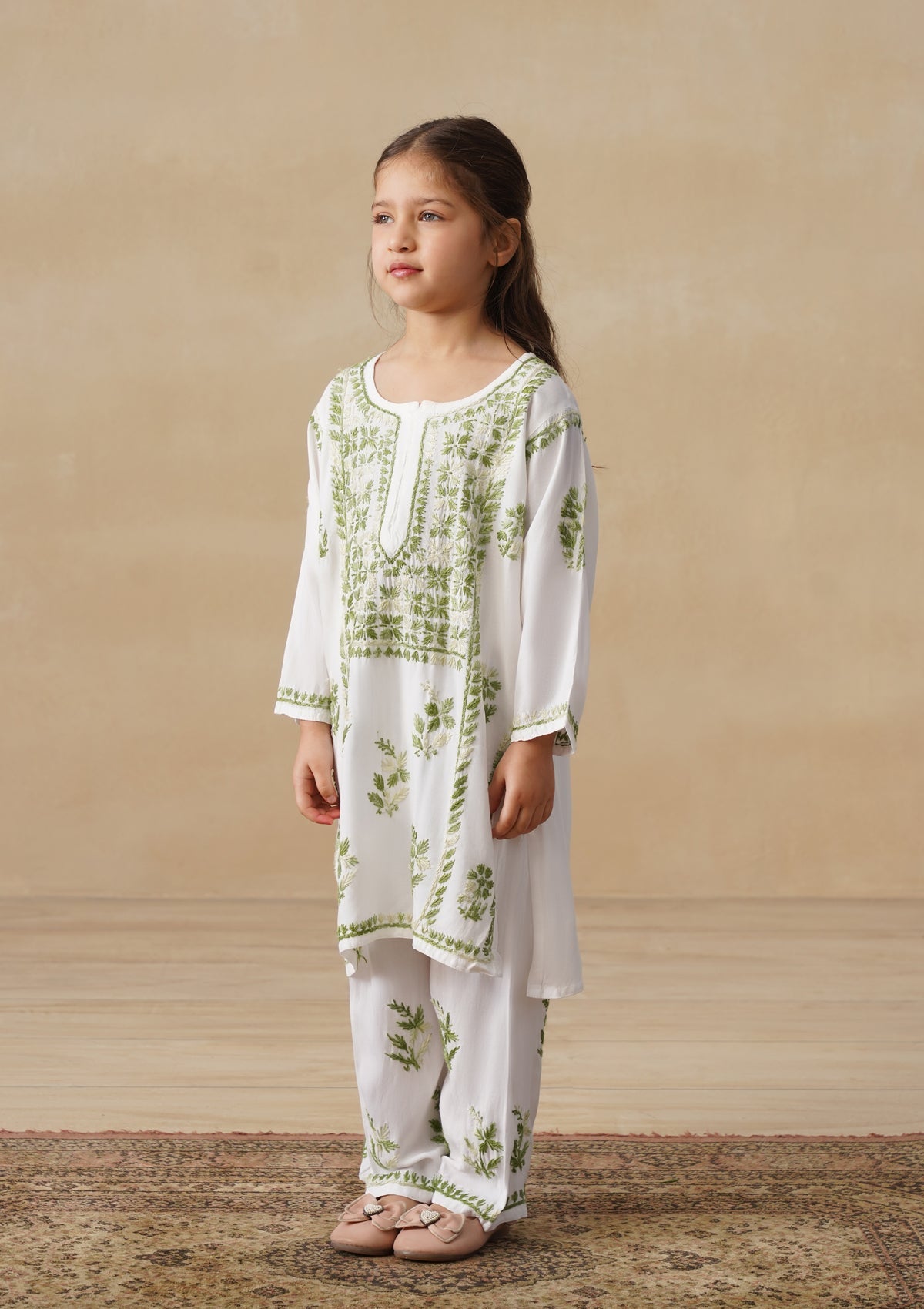 HOC Rayon Chikankari Solid Girls 2 PC Long Kurta Set - White