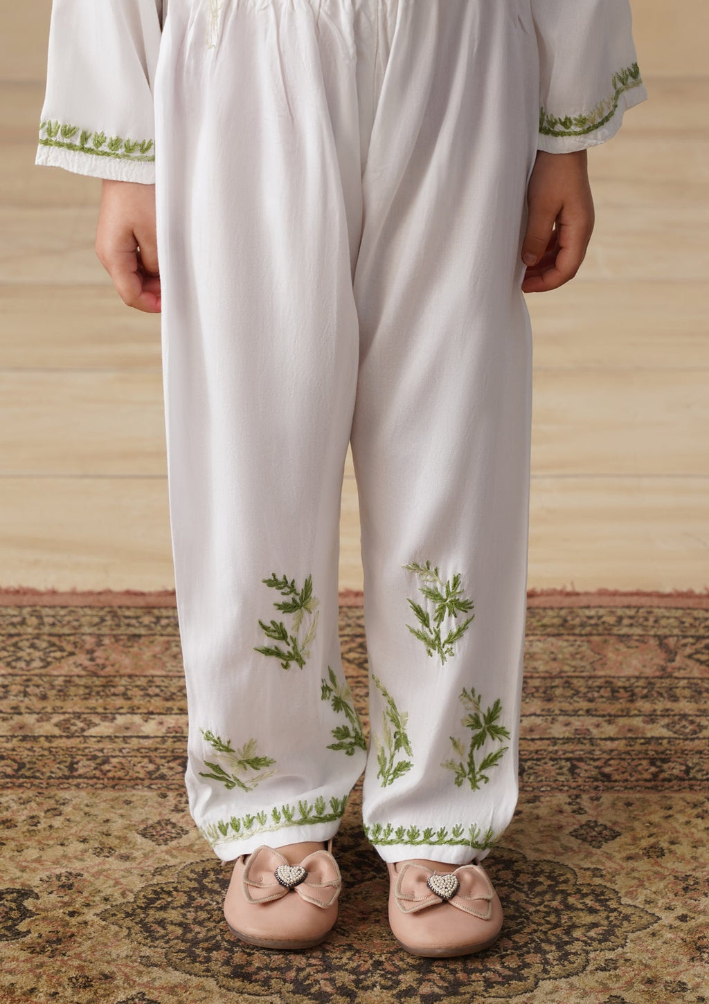 HOC Rayon Chikankari Solid Girls 2 PC Long Kurta Set - White