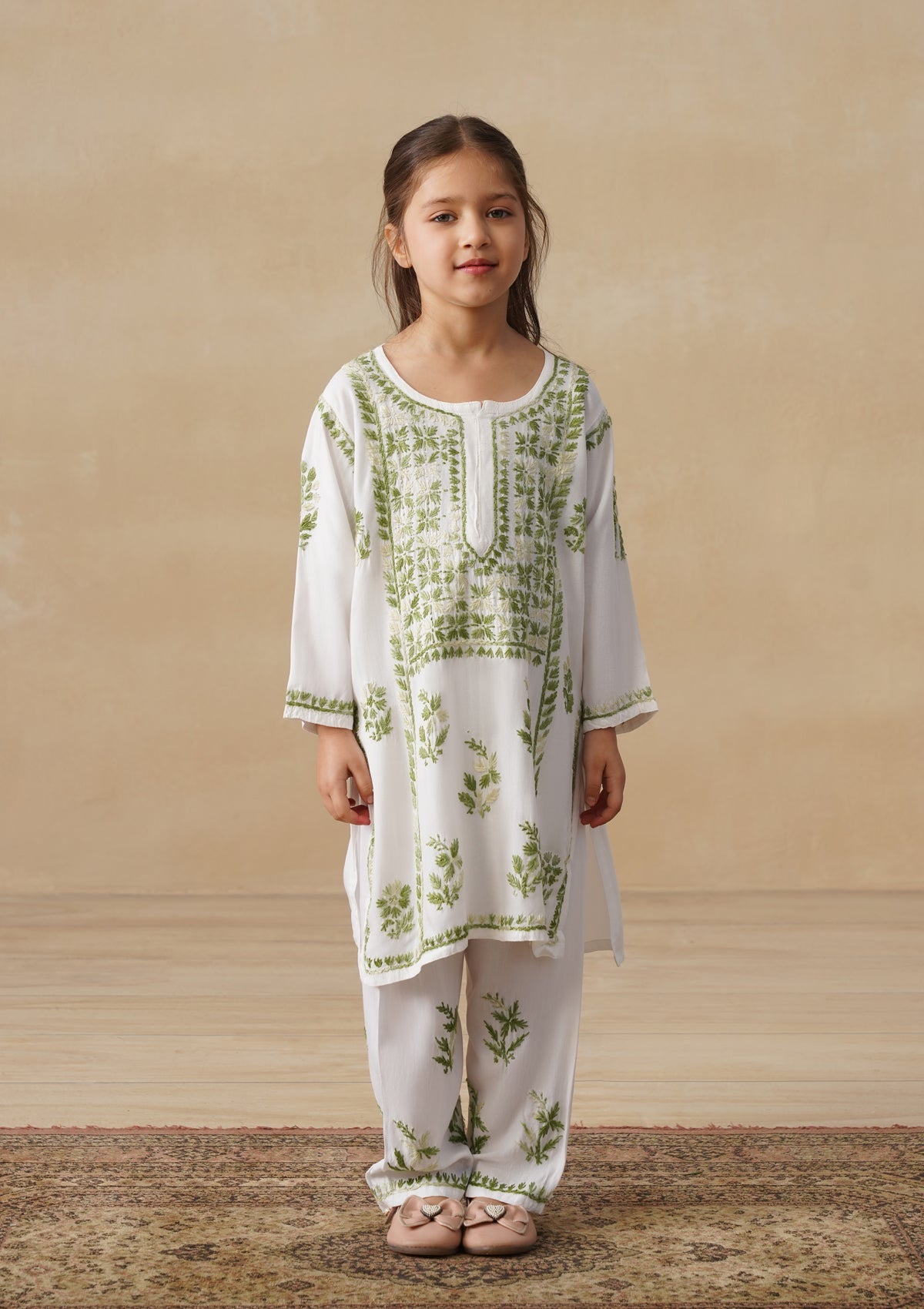 HOC Rayon Chikankari Solid Girls 2 PC Long Kurta Set - White