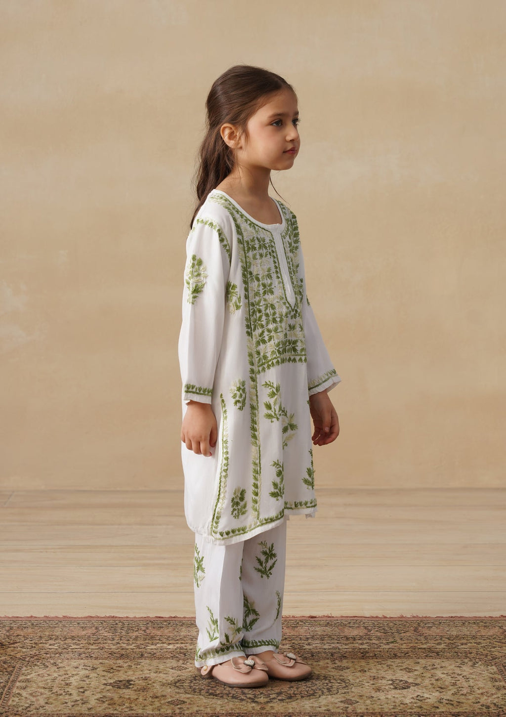 HOC Rayon Chikankari Solid Girls 2 PC Long Kurta Set - White