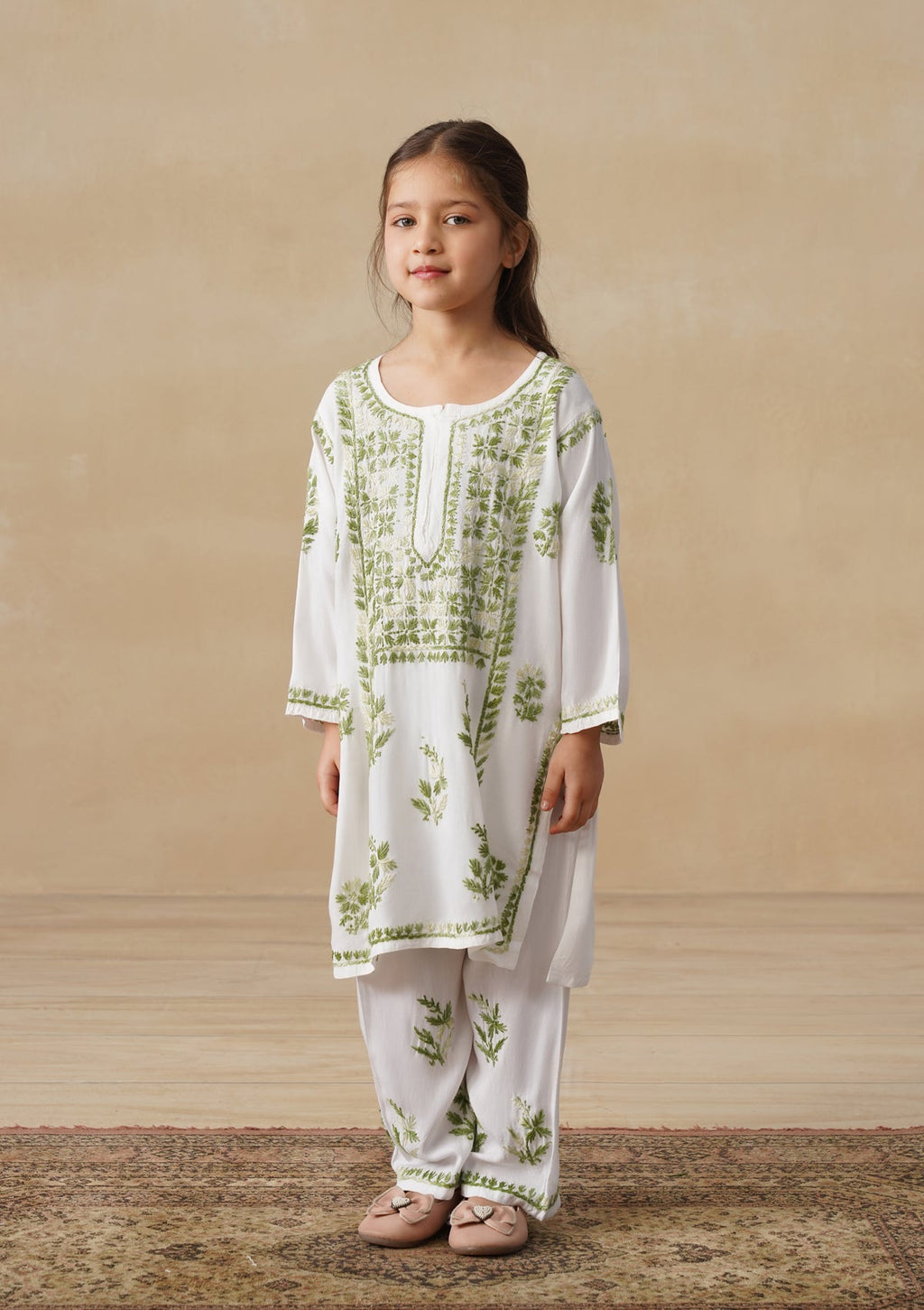 HOC Rayon Chikankari Solid Girls 2 PC Long Kurta Set - White