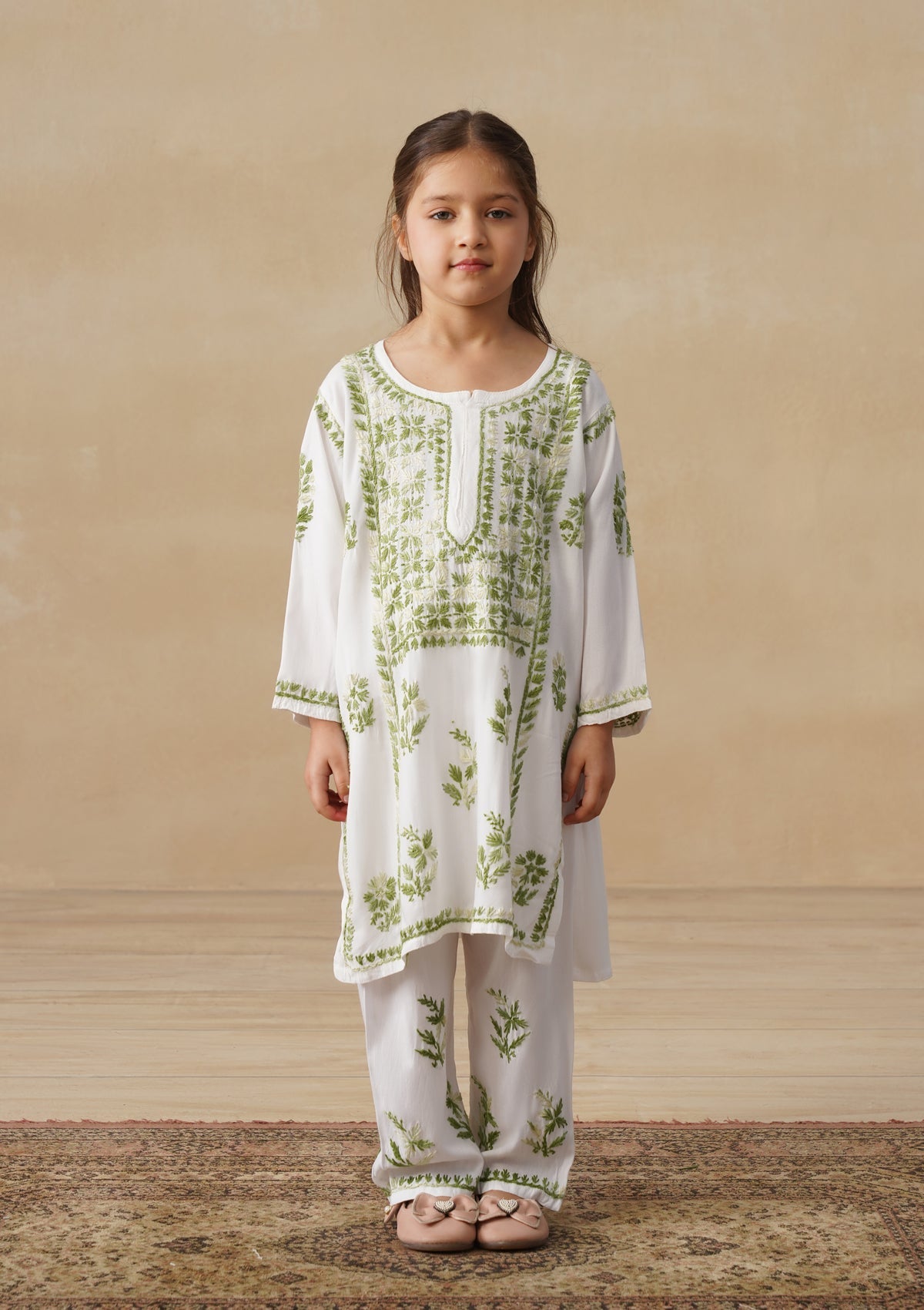 HOC Rayon Chikankari Solid Girls 2 PC Long Kurta Set - White