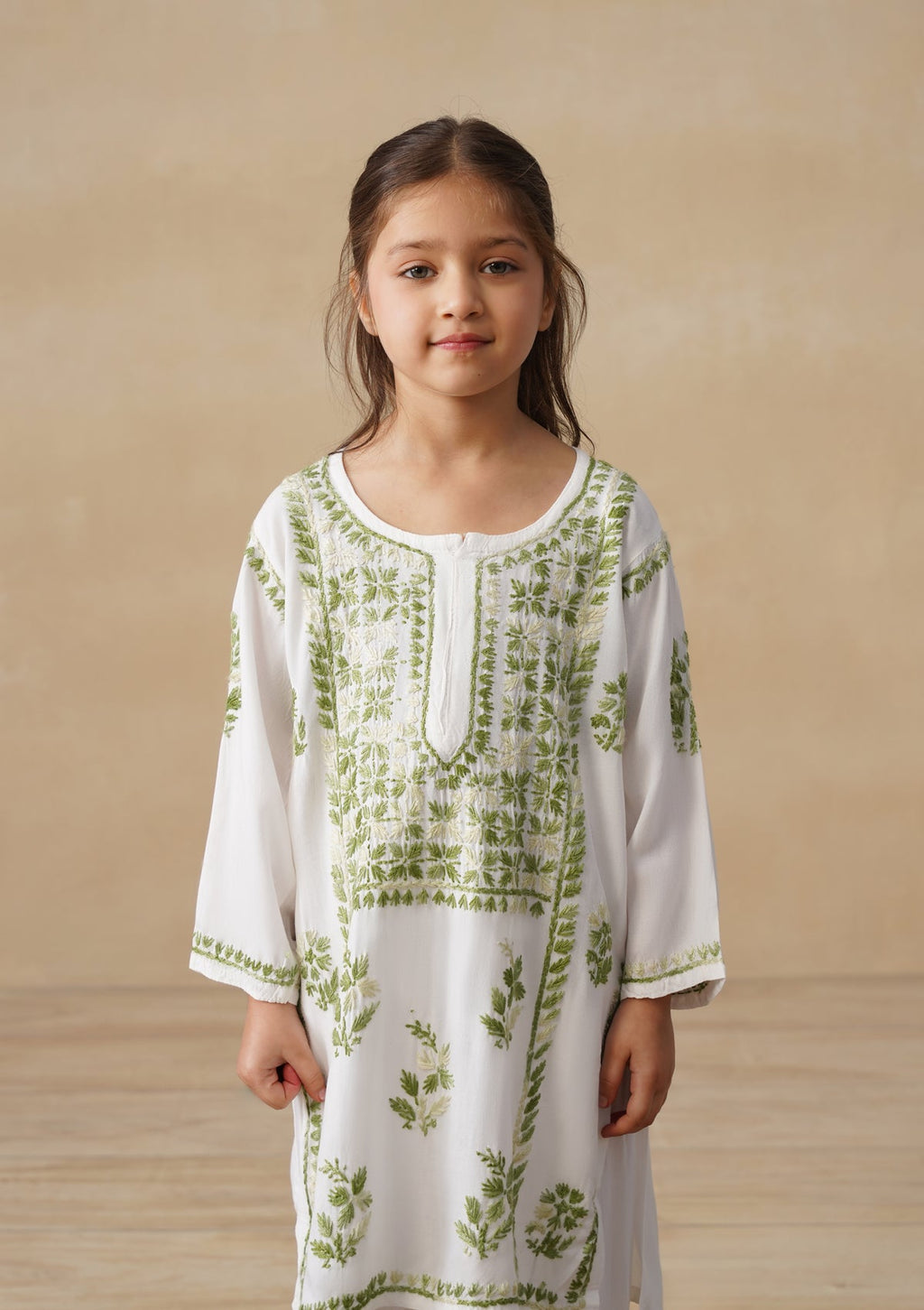 HOC Rayon Chikankari Solid Girls 2 PC Long Kurta Set - White