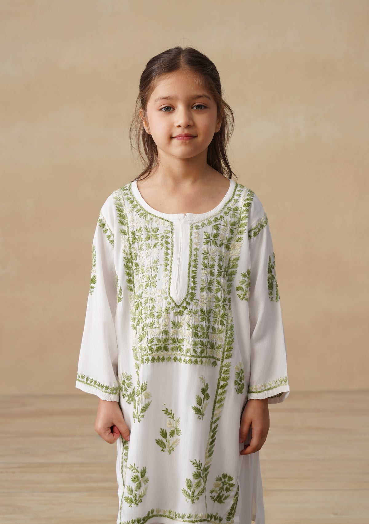 HOC Rayon Chikankari Solid Girls 2 PC Long Kurta Set - White