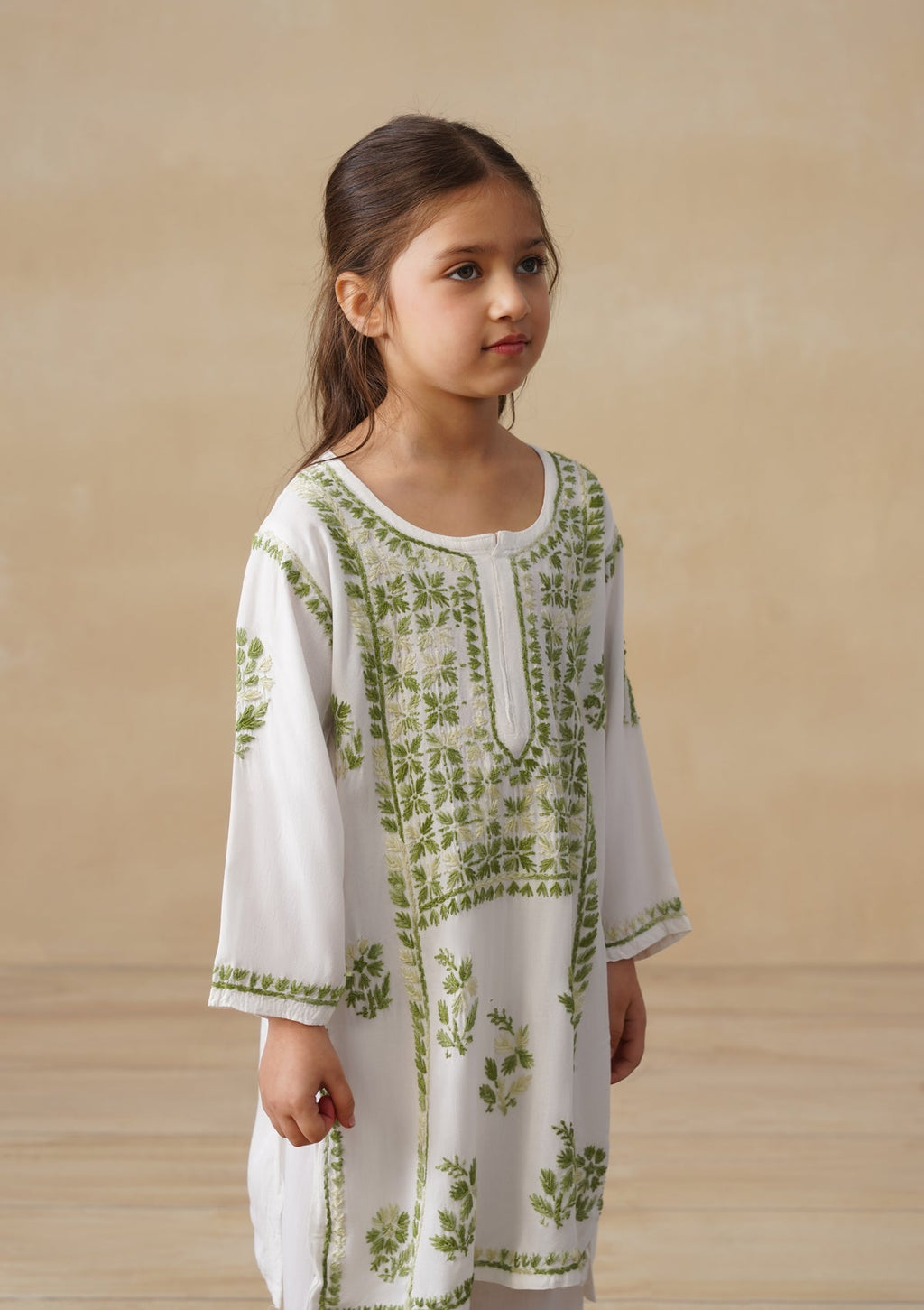 HOC Rayon Chikankari Solid Girls 2 PC Long Kurta Set - White