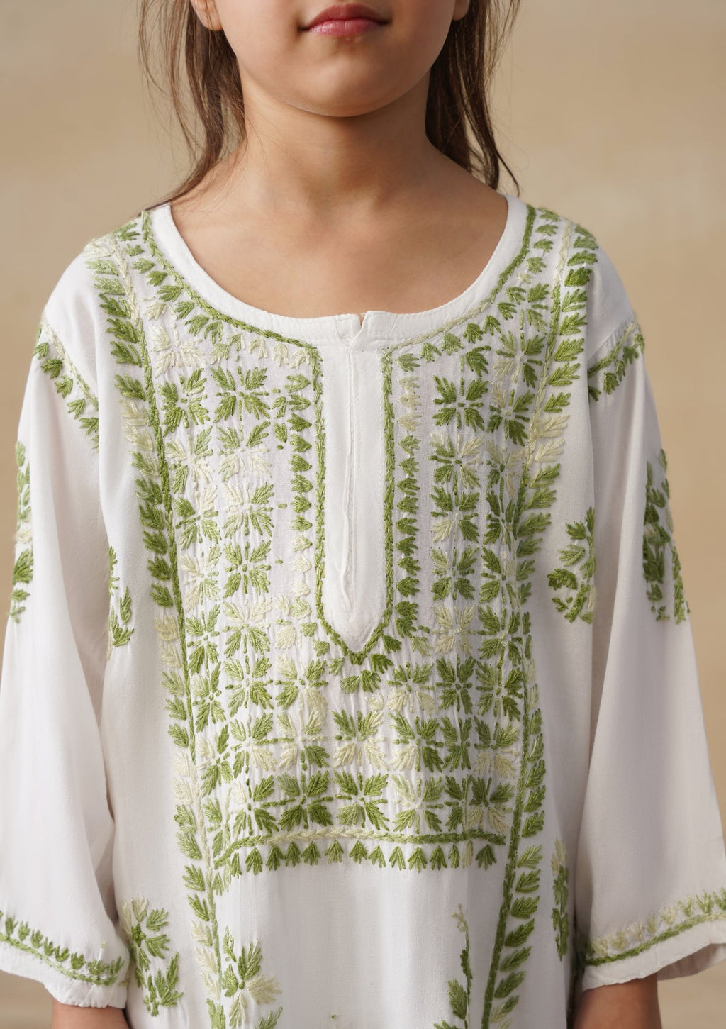 HOC Rayon Chikankari Solid Girls 2 PC Long Kurta Set - White
