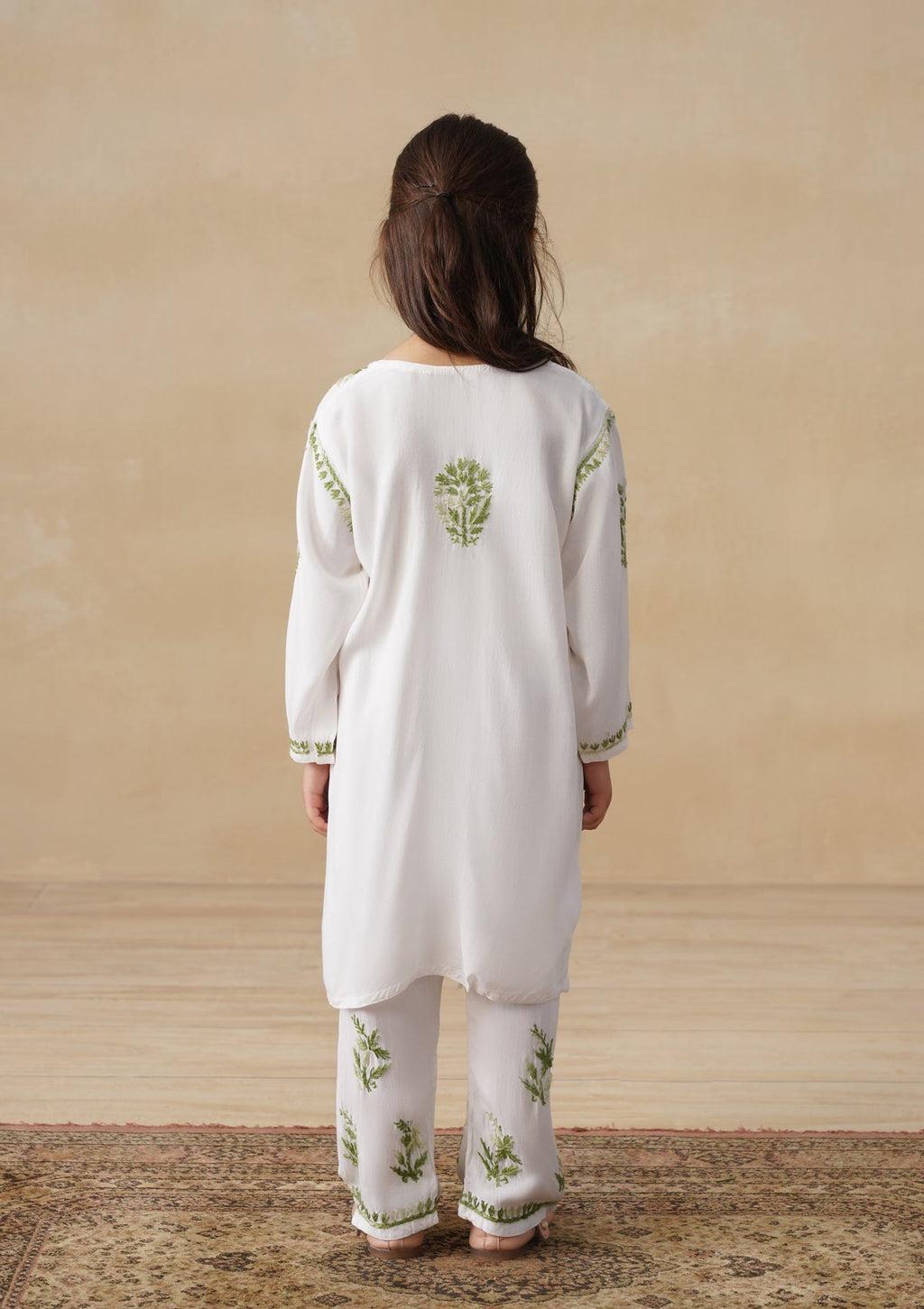 HOC Rayon Chikankari Solid Girls 2 PC Long Kurta Set - White