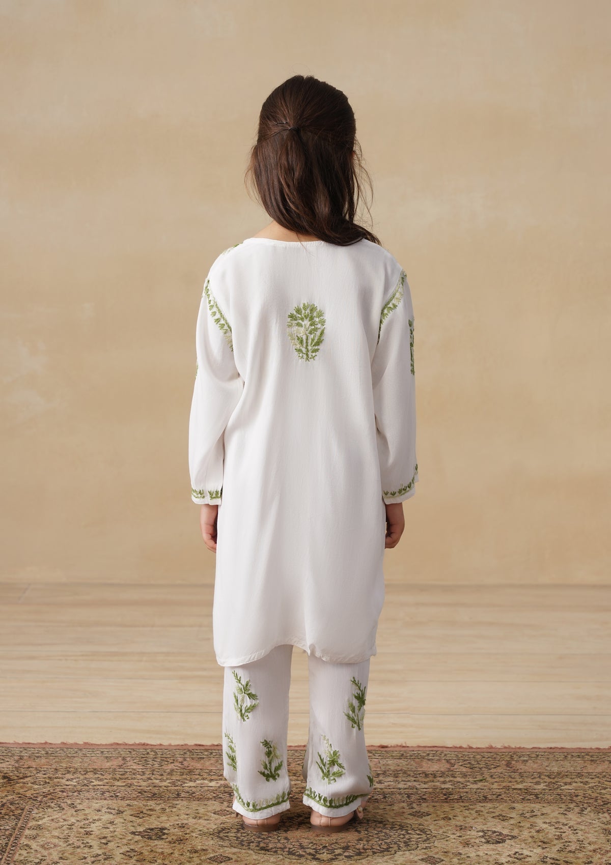 HOC Rayon Chikankari Solid Girls 2 PC Long Kurta Set - White