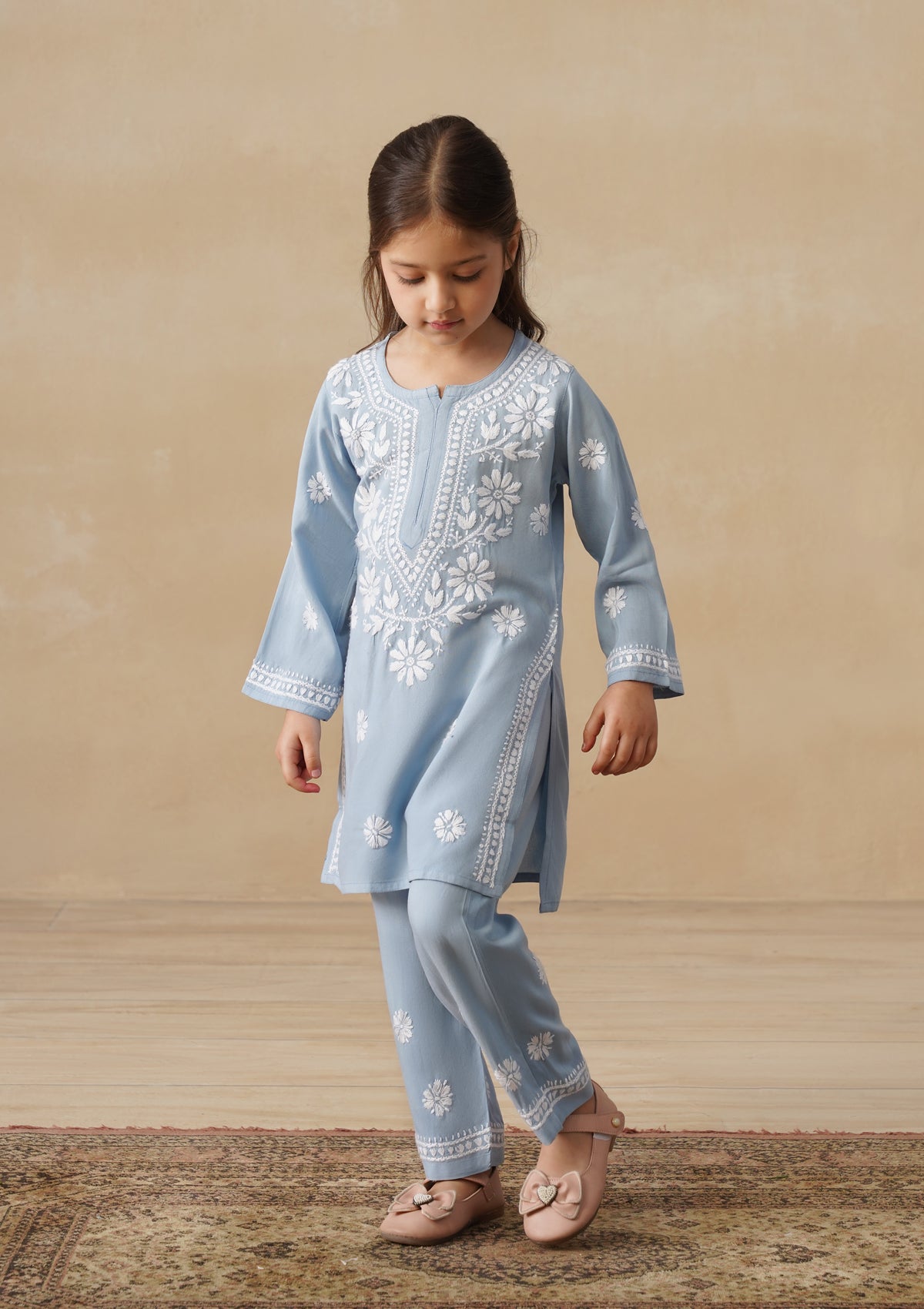 HOC Rayon Chikankari Solid Girls 2 PC Long Kurta Set - Light Blue