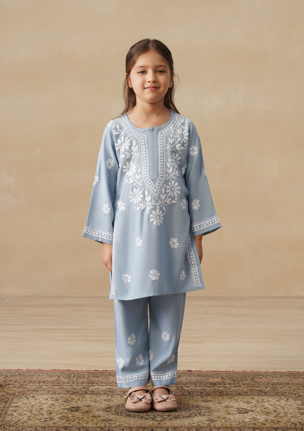 HOC Rayon Chikankari Solid Girls 2 PC Long Kurta Set - Light Blue