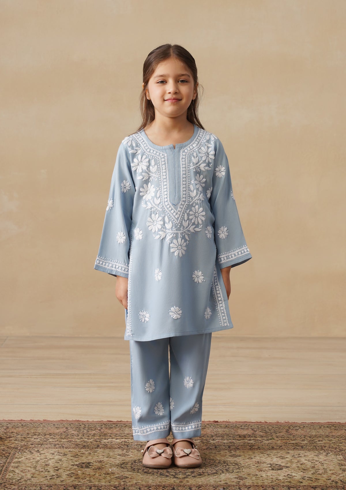 HOC Rayon Chikankari Solid Girls 2 PC Long Kurta Set - Light Blue