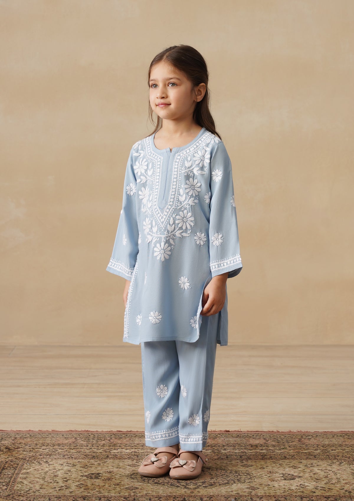 HOC Rayon Chikankari Solid Girls 2 PC Long Kurta Set - Light Blue