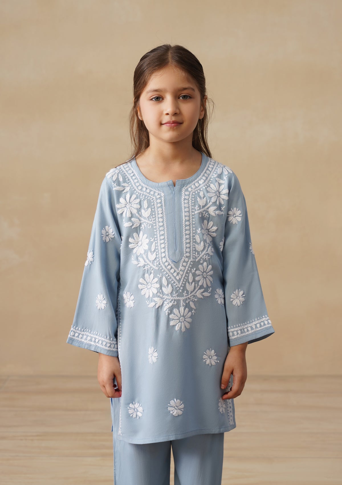 HOC Rayon Chikankari Solid Girls 2 PC Long Kurta Set - Light Blue