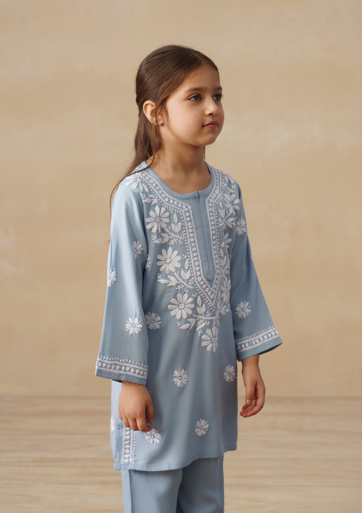 HOC Rayon Chikankari Solid Girls 2 PC Long Kurta Set - Light Blue