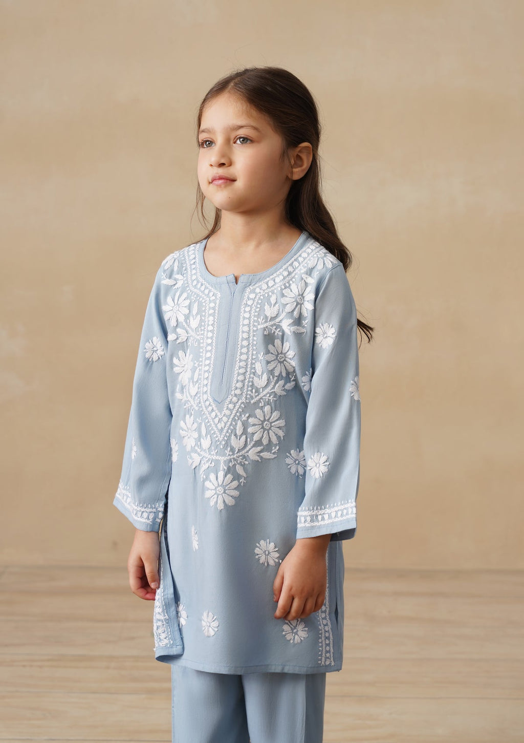 HOC Rayon Chikankari Solid Girls 2 PC Long Kurta Set - Light Blue